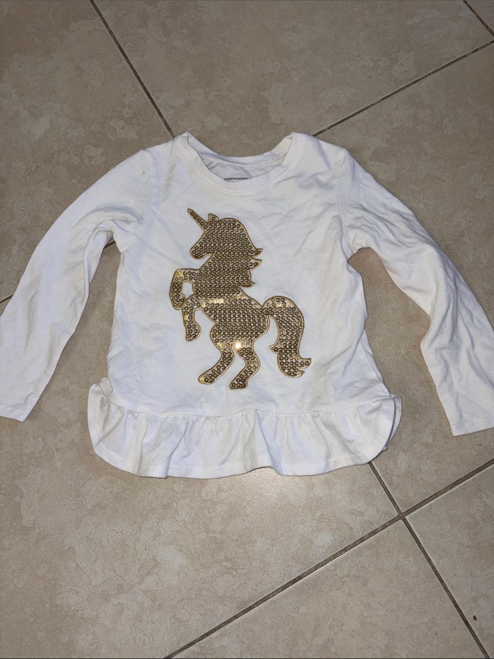 Girls' White Long-Sleeve Top with Gold Sequin Unicorn